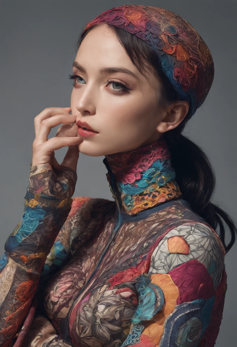 photorealistic, official art, unity 8k wallpaper, ultra detailed, beautiful and aesthetic, masterpiece, best quality, ((zentangle, mandala, tangle, entangle)), (trippy color light:1.3), ecstasy of color, 1girl, waist up, extremely detailed, dynamic pose, the most beautiful form of chaos, elegant, a brutalist designed, vivid colours, romanticism, deep shadow This could be an action hero, an athlete, or someone engaged in an exciting activity that highlights their physical prowess. Showcase the elegance and sophistication of attire and posture.