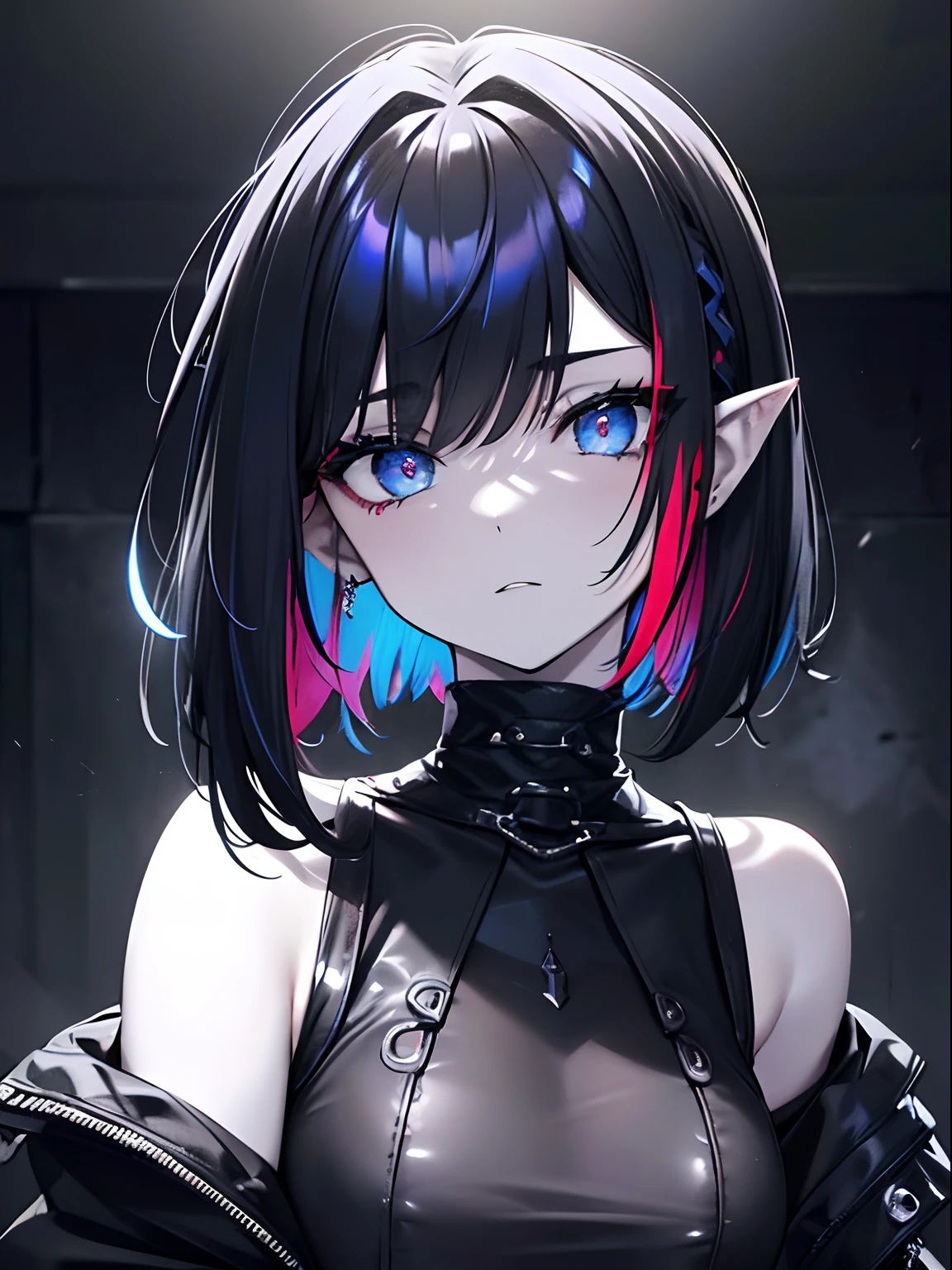 (masterpiece,best quality,ultra-detailed),1girl,messy hairstyle,thick hair,short hair,bob cut, multicolored hair,blue and red and black hair, black hair,aesthetic hairstyle,pointy ears,(colored skin,blue skin,pale blue skin,grey-blue skin), beautiful and detailed face, detailed eyes,rock punk fashion,night,fog,looking at viewer,small chest,((grey theme)),((rock punk theme)),street