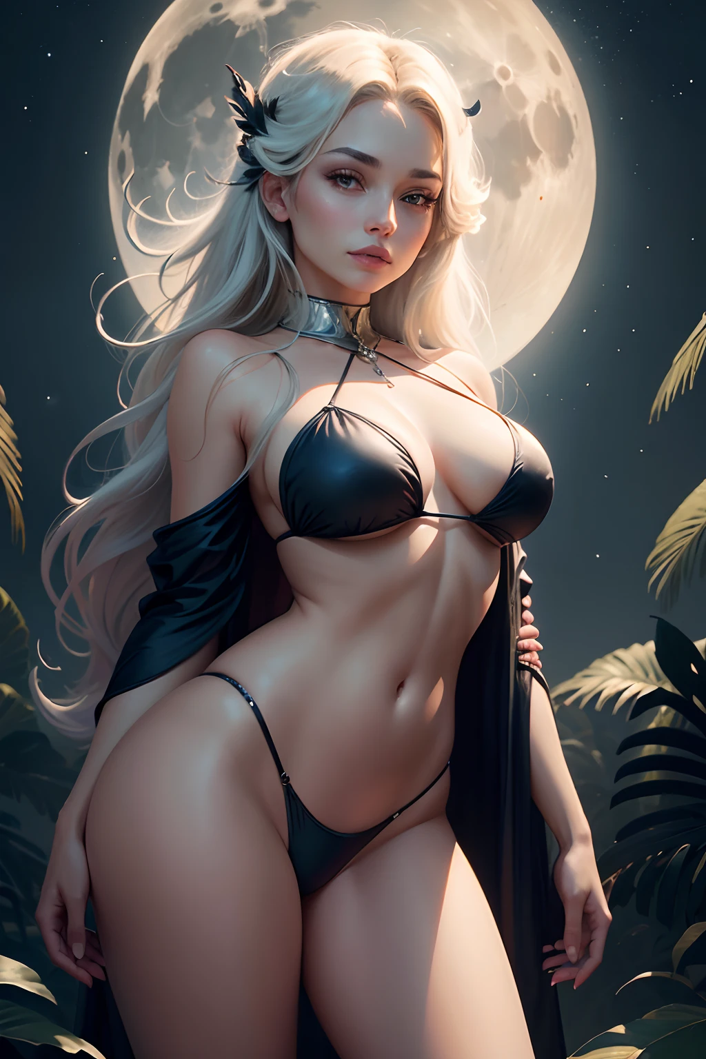 Painting of a woman in a bikini standing in front of a tree, digital art inspired by the Brothers Hildebrandt, Vencedor do concurso Artstation, arte digital, em frente a uma grande lua, Deusa da Lua, Twilight ; digital oil painting, Twilight ; pintura digital, moonlit backdrop, Goddess of the Hunt and the Moon, In front of the Moon, lua nascente
