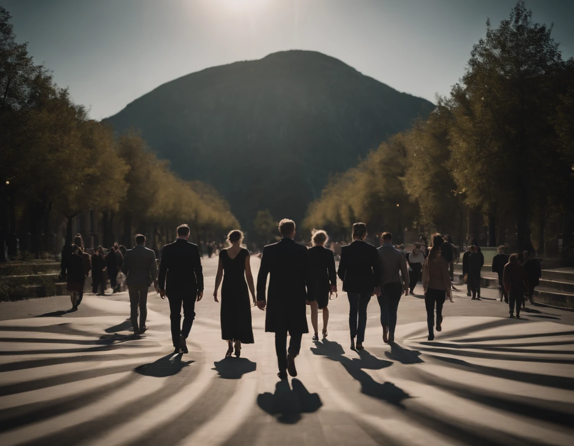 Create a group of people walking in circles, as if they were hypnotized. They are dressed in matching clothes and seem unaware of themselves.