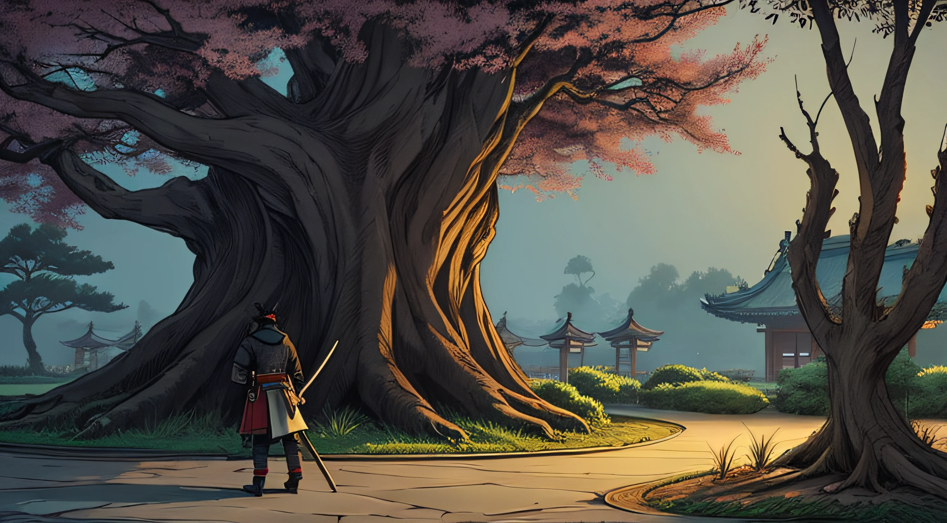 samurai with his back next to a large tree in China, at night, manga style drawing, Studio Ghibli