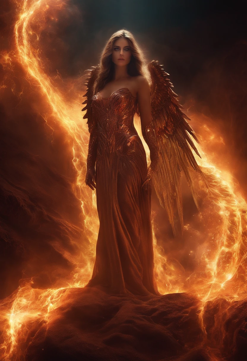 an image of a lady with fire coming out of her body, the butterfly goddess of fire, appears as the fire goddess, fire elemental, lava and fire goddess, evil steampunk pyromancer woman, cybernetic flame armor, goddess of fire, the fire goddess, an concept art of the tau queen, the fire queen, of a beautiful female warframe