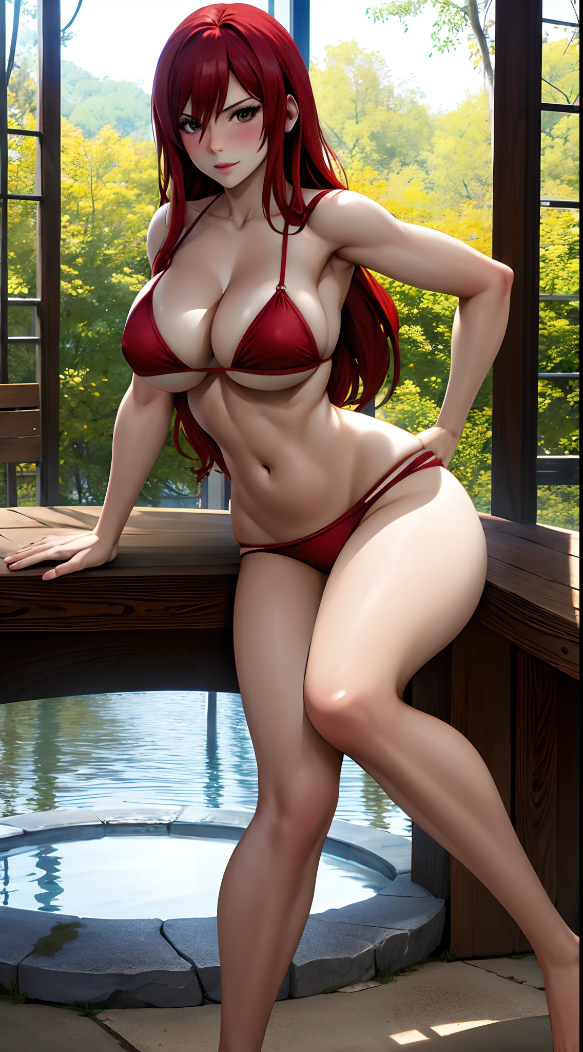 full body,eyes shining, natural light, cinematic light, realistic body, detailed body, detailed eyes, realistic face,masterpiece,red bikini,cleavage,best quality, highres,fairy tail, 1girl, blushing , solo, red hair, brown eyes, big boobies, perfect boobs, cleavage, open chest, daytime, sunlight,looking at the viewer,sexy posing