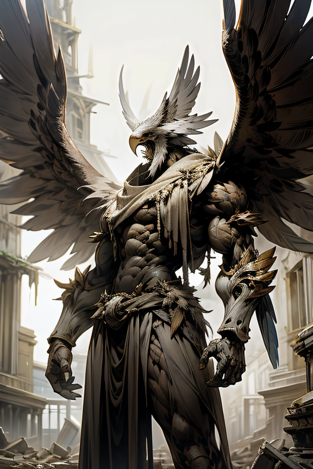 Ruined ruins,musculature,Human limbs,Eagle head,It's covered in feathers,standing solo,wings