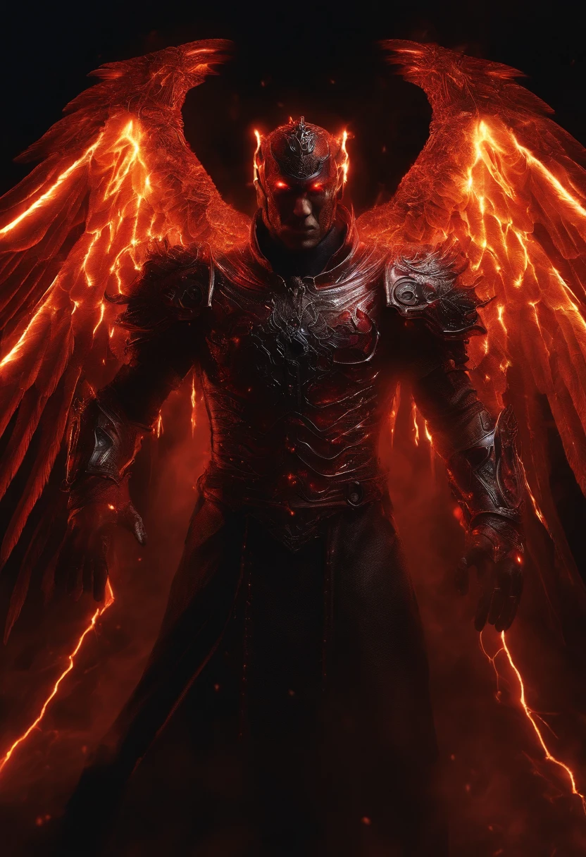 Hell male angels，glowing light eyes, Biomechanical, eerie, Creepy, nightmarish, Very bright colors, Light particles, with light glowing, Mshiv, wallpaper art, UHD wallpaper