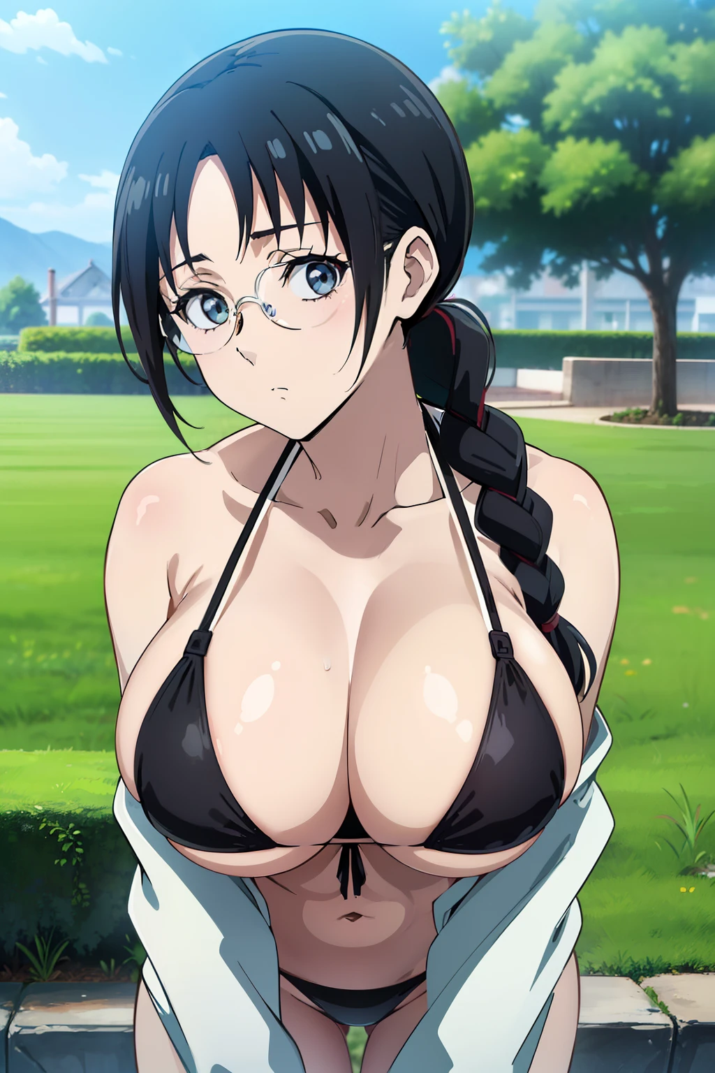 ((masutepiece, absurderes, texture, ultra-detailliert, Best Quality, High resolution, anime screen cap:1.5, Photorealistic)), 1girl in, Cute, Katori, Black hair, Glasses, Single braid, large full breasts, (Black Bikini:1.5), (White kimono), (bent over, upper body, looking at view), (Perfect Anatomy, Beautiful skin, Beautiful detailed face, beatiful detailed eyes), thick outline, black outlines, garden