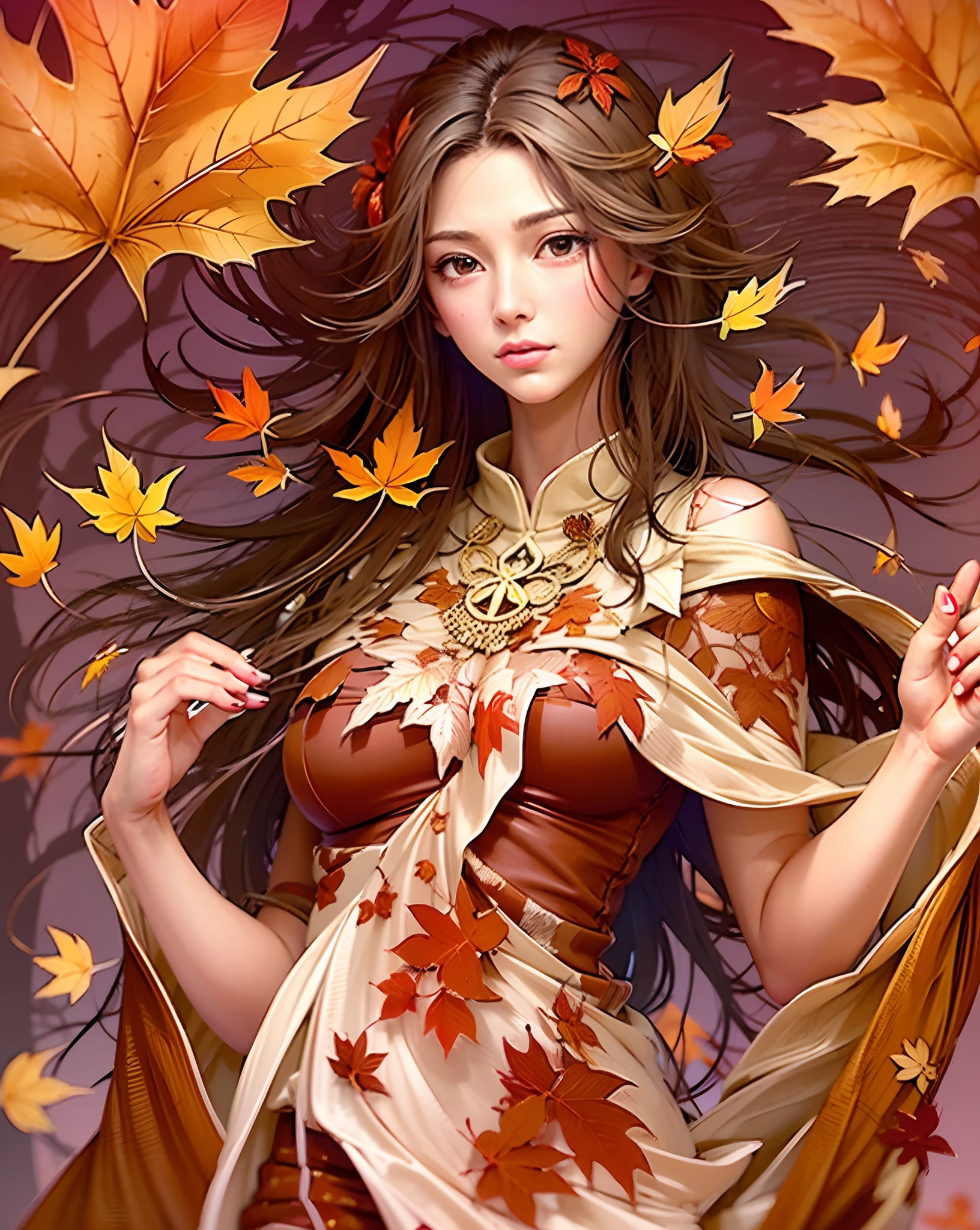 The Maple Leaves Goddess, a radiant being adorned with crimson maple leaves that flutter around her like a regal cloak. Her presence is a symbol of autumn's beauty and the gentle power of nature. Best quality, intricate details, clean lines, eye-catching composition, soft tones, anime realism, ample headroom, dynamic pose, third rules of photography, perfect illustration