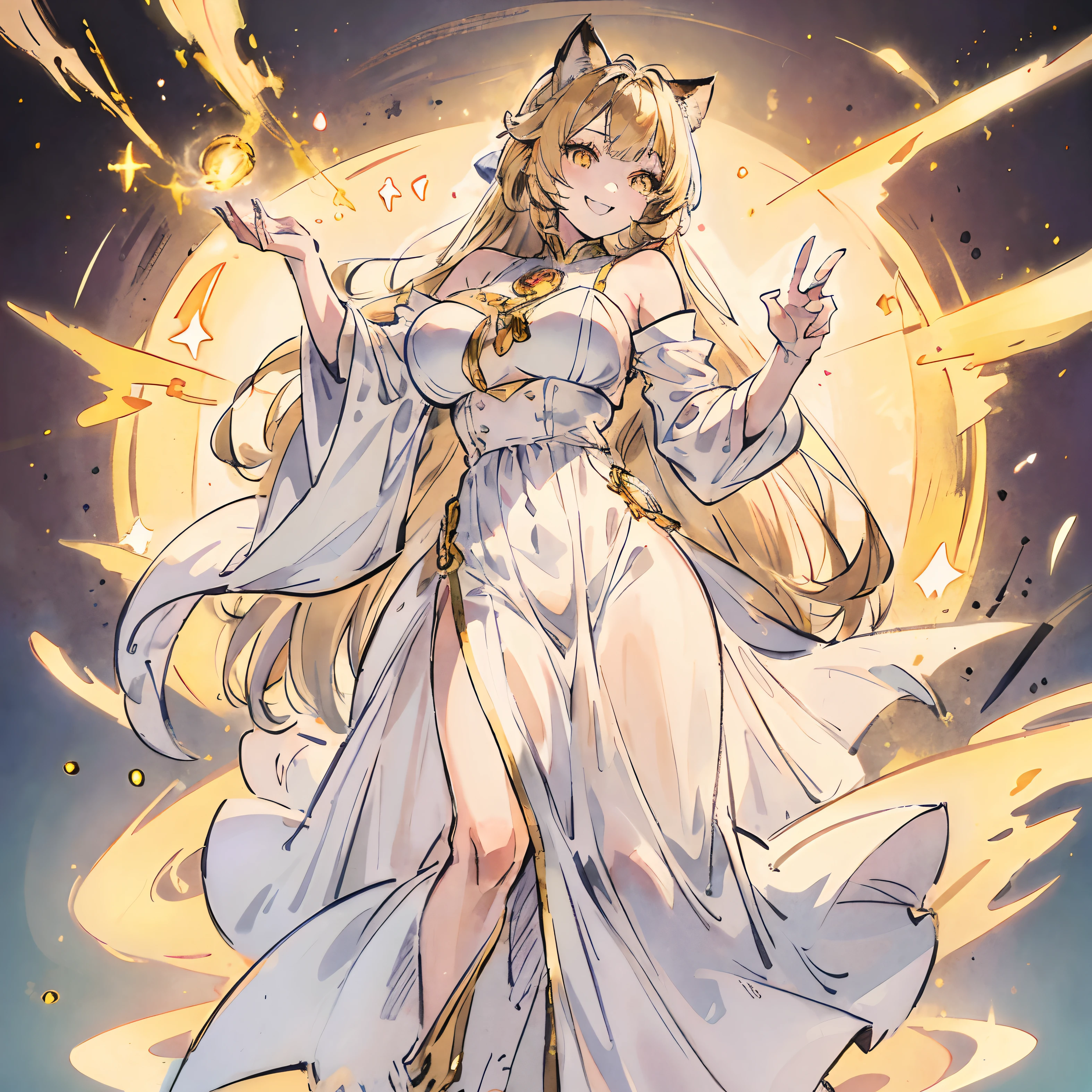 1girl, golden hair, long hair, bright yellow eyes, cat ear, cheerful smile, medium breast, mystical white dress, golden electricity flowed all over her body, graceful, dignified, beautiful appearance, standing cool pose, elegant, happy smile, confidence,