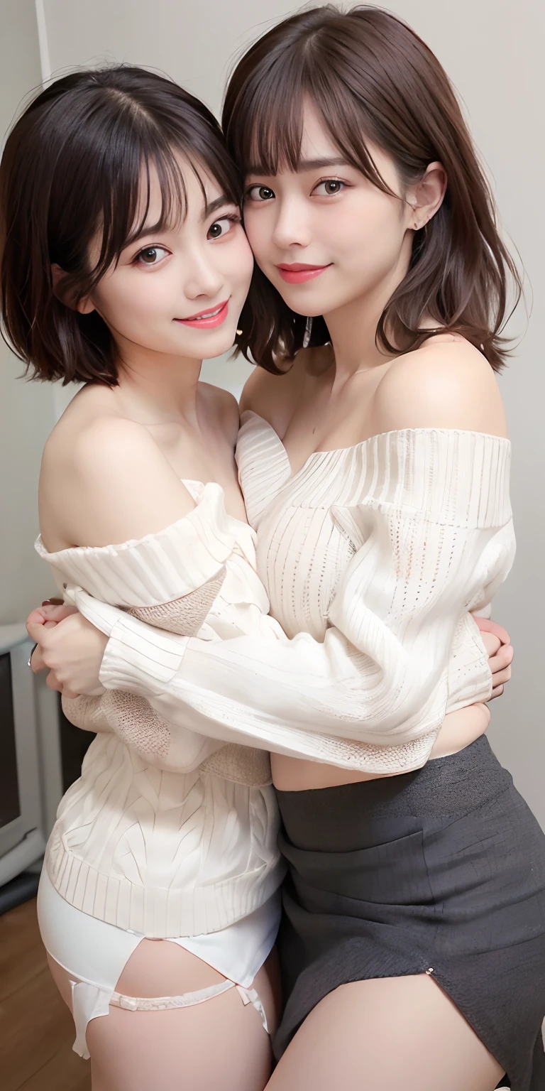 masutepiece, Best Quality,
Ultra-detailed, finely detail, hight resolution, in 8K,
((Photorealsitic:1.4, Raw photography, 超A high resolution,Top image quality: 1.4)),
Wallpaper,
((Perfect whole body configuration1.5)),
((Beautiful detailed eyes, Natural Color Lip, bangss、bangss、Clean face、Gaze staring at the camera、Lashes、big eye、Distinct double eyelids、Tear mole、glowy skin、Clean skin quality、lipgloss))
((a serene smile:1.5)),
((Random and cute hairstyles)),
((Off-shoulder knitwear:1.5)),
((Random breast sizes from large to medium、cleavage of the breast:1.2)),
((Clothes with an open chest:1.5)),
((Wear random and cute skirts:1.5)),
((breastsout、under look eyes、Mole on the arm:0.9)),
((peer in from below)),
((Random blurry background)),
((Random and cute facial expressions)),,
((((Two women hugging each other:1.5))))
very detailed and professional lighting、
((Random and cute facial expressions:1.5))、
((thigh visible、I can see panties:1.5))