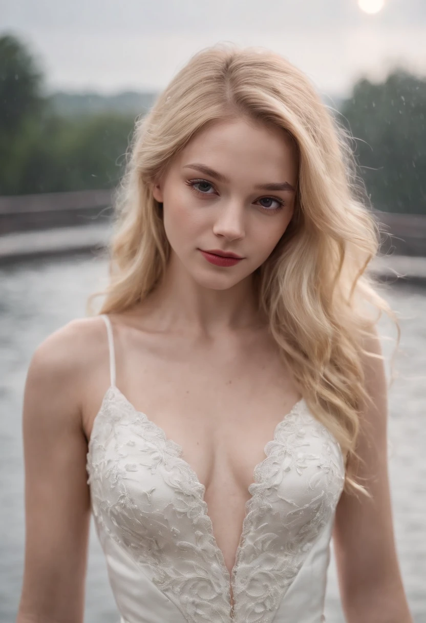 18 Yo girl, White Spider-Man dress, with long coiled hair, Blonde, Beautiful face, rain, Roof, Masterpiece, intricately details, Perfect anatomy, Facial and body details.