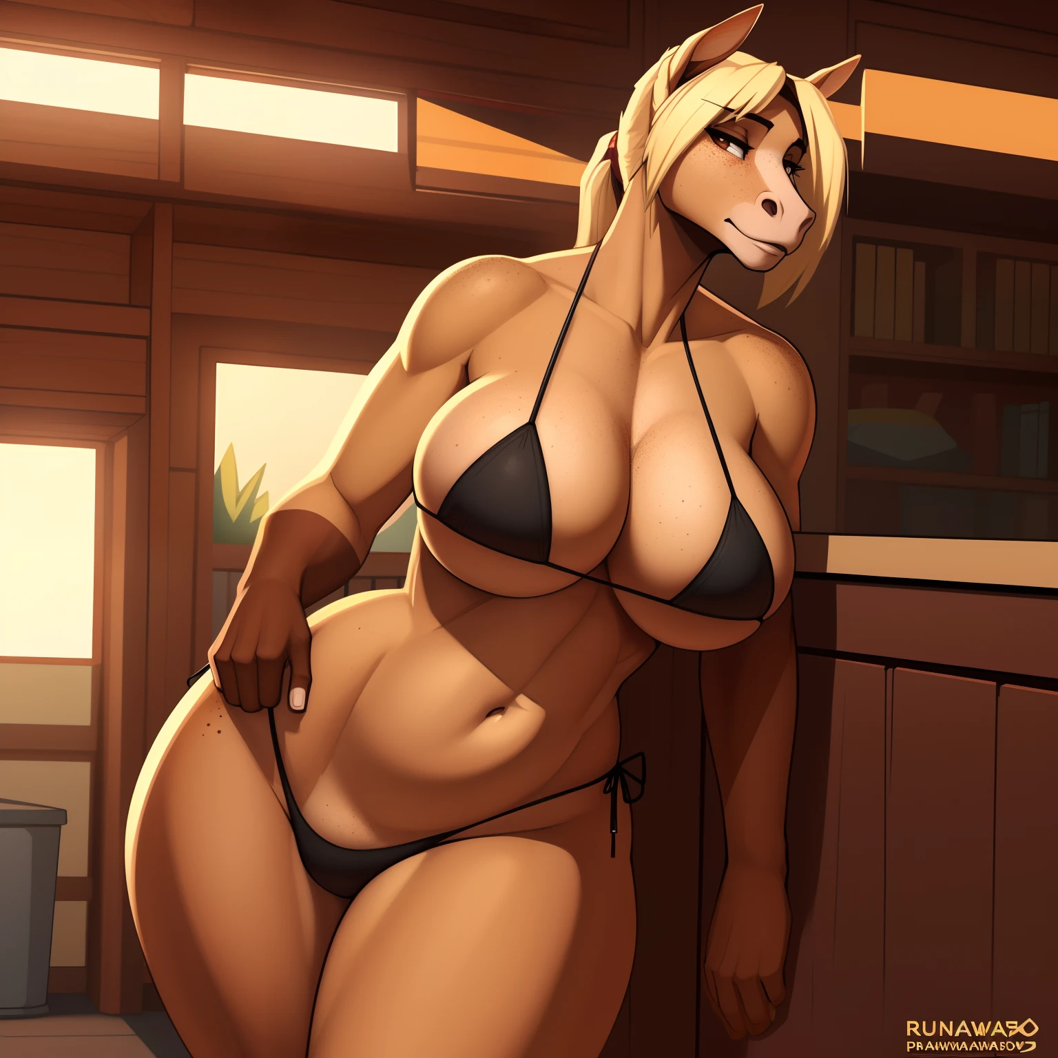 Tall_lanky_horse full_breasts female blonde_hair brown_furry_body freckles brown_eyes short_ponytail short_tail solo Masterpiece best_quality absurdres highly_detailed wide_hips bikini horse_snout cleanly_drawn_eyes anthro_only by_claweddrip, by_greasymojo, by_underscore-b, by_runawaystride