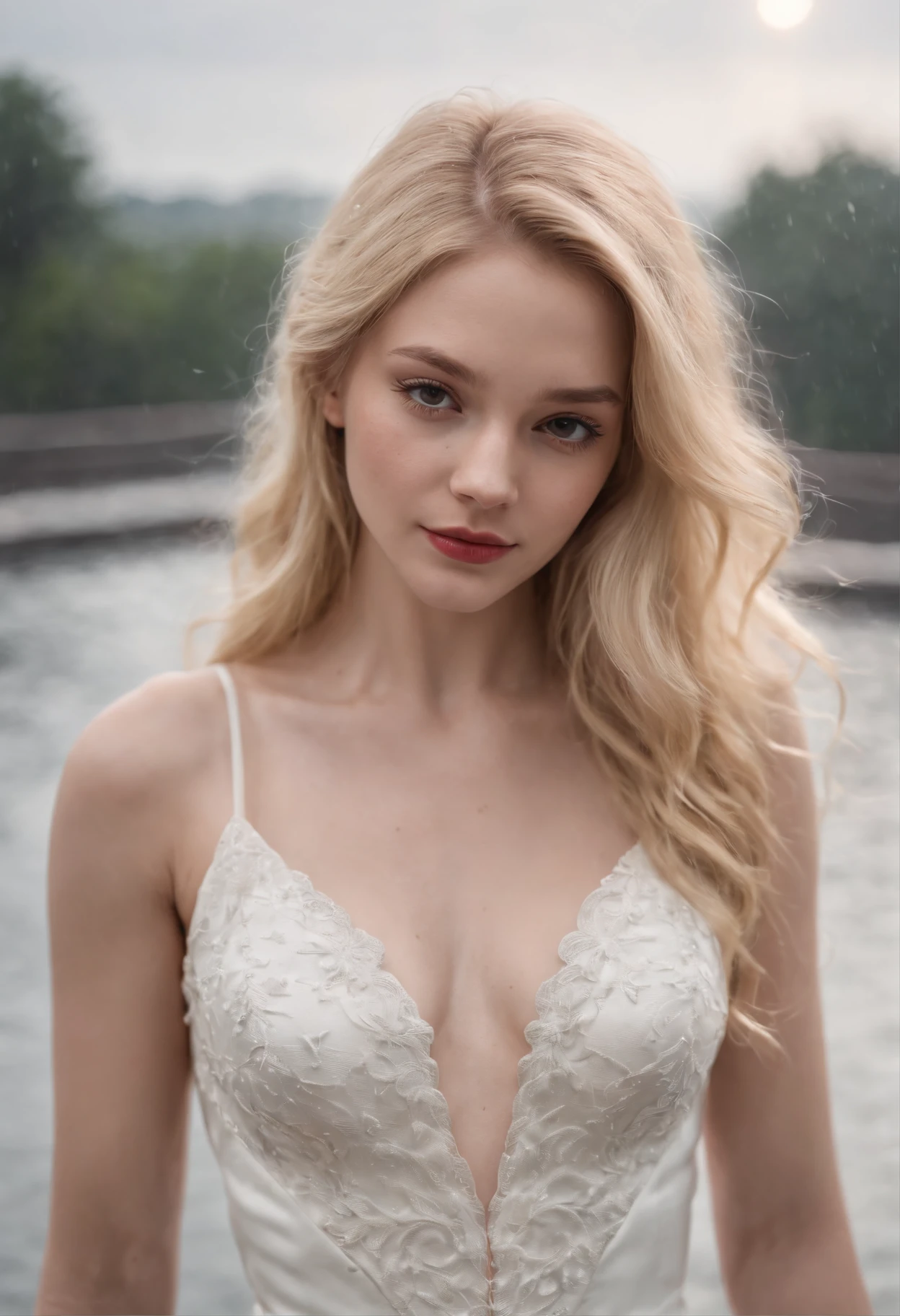18 Yo girl, White Spider-Man dress, with long coiled hair， Blonde, Beautiful face, rain, Roof, Masterpiece, intricately details, Perfect anatomy, Facial and body details.