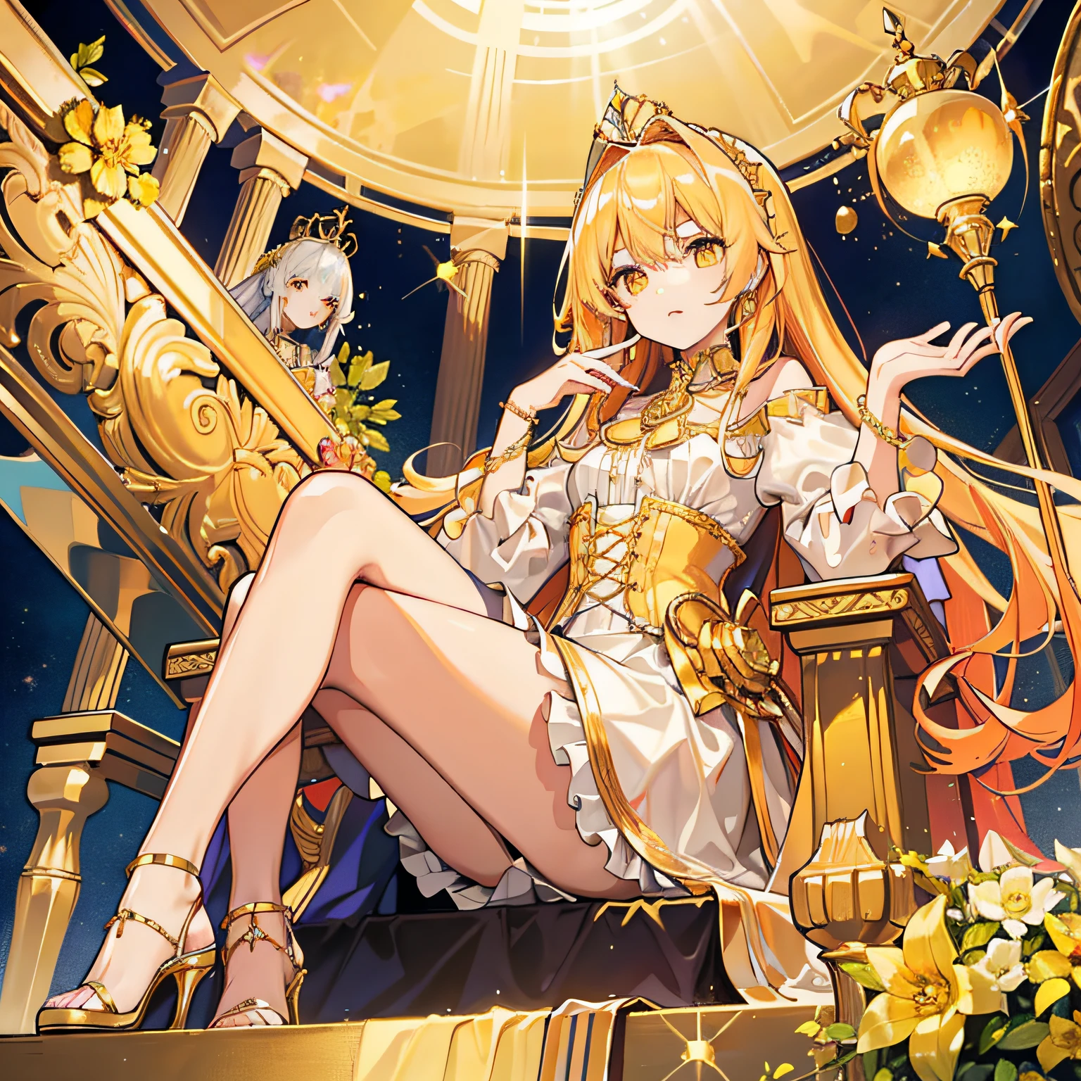 Noble, gold and silver jewelry, queen, ta, charm, fresh and pleasant, sunshine, rich details, golden clothes, high heels, scepter, deep eyes, shiny, orange eyes, light yellow hair, crown