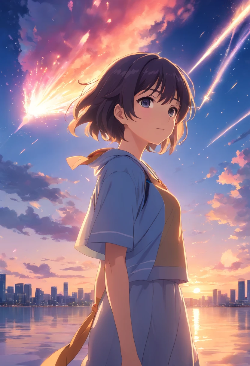 obra-prima, melhor qualidade, filme ainda, 1girl, garota nuvem, floating into the sky, Seis assas de anjo, ((Taking to the skies)), brilhante, feliz, Soft lighting and Warm, sun sunset, (Sparks: 0,7)