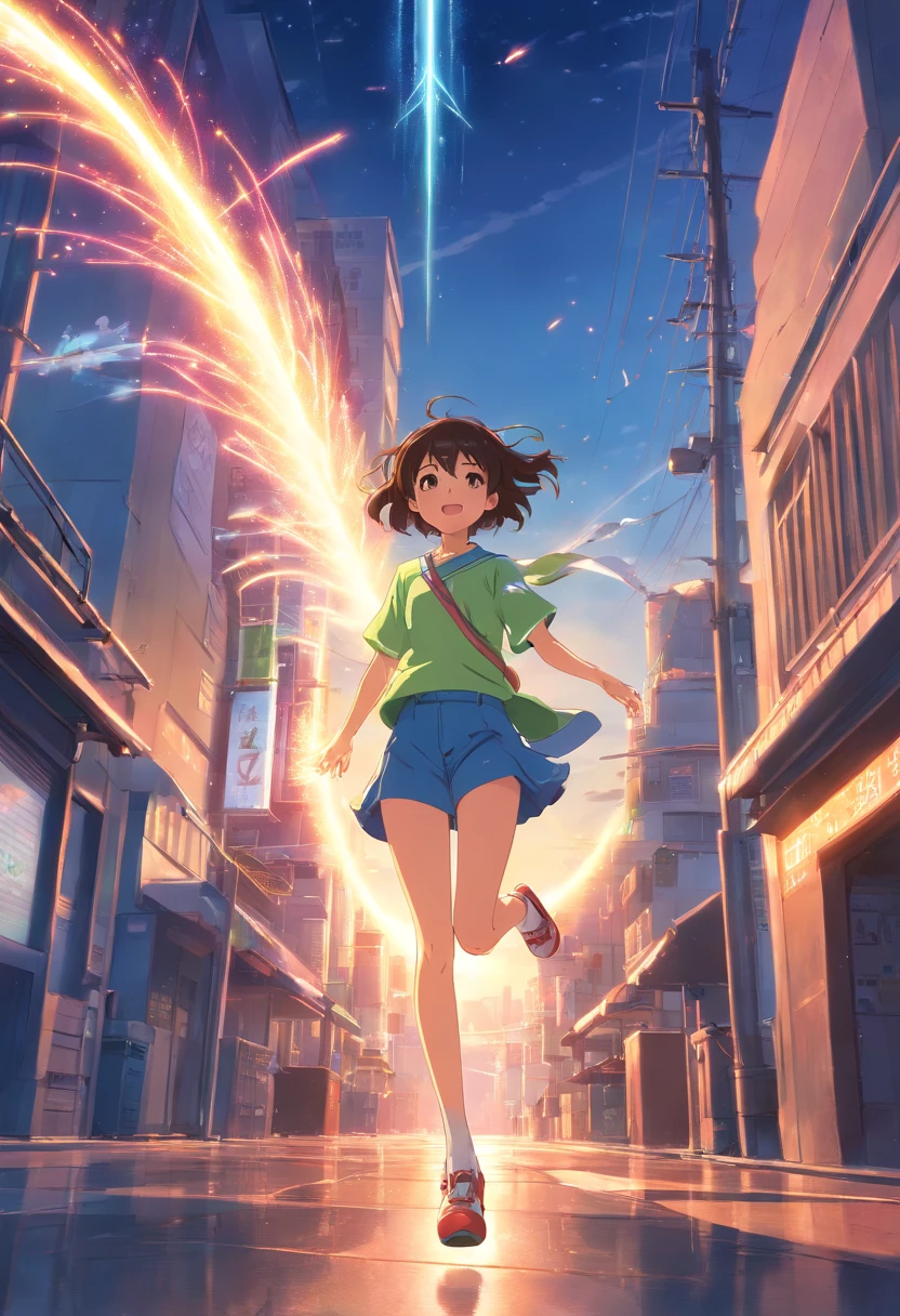 obra-prima, melhor qualidade, filme ainda, 1girl, garota nuvem, floating into the sky, Seis assas de anjo, ((Taking to the skies)), brilhante, feliz, Soft lighting and Warm, sun sunset, (Sparks: 0,7)