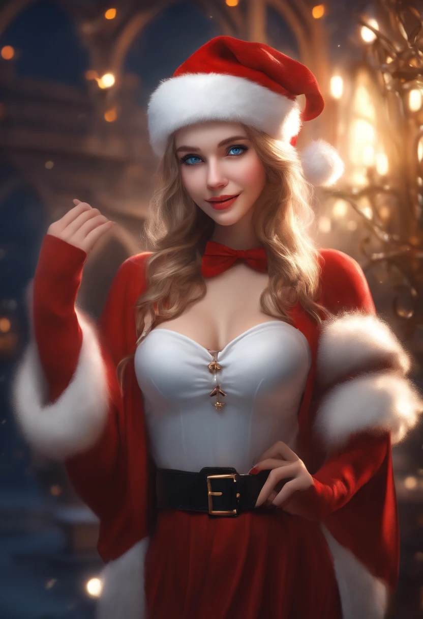 masterpiece, best quality, ultra-detailed, illustration,1girl, looking at viewer, best quality,depth of field,(closed mouth,light smile,blue eyes:1.1),beautiful detailed glow , (santa costume:1.3),(hands behind back:1.3),(arms behind back:1.3),blaze (arknights),