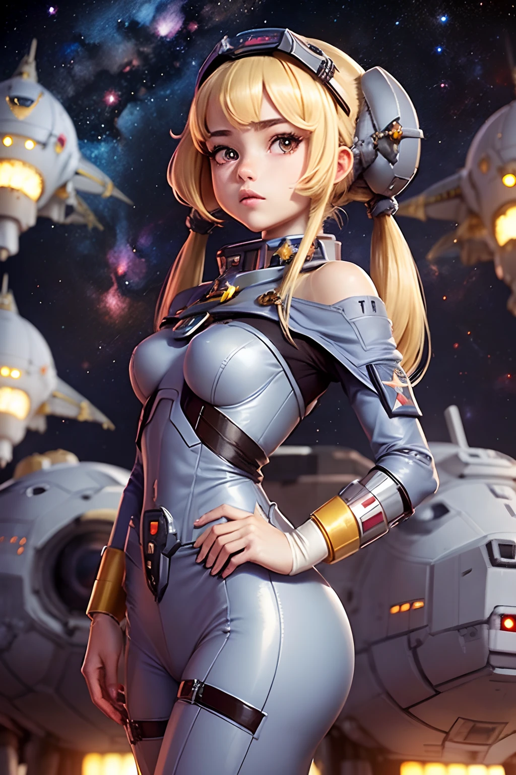 (masutepiece), (Best Quality), (Best Detail), (Distant general perspective), (Edgware Paper),(Off-shoulder silver suit), (Secondary color: cinnamon), Very beautiful girl with sexy posture, Very detailed face, Sci-fi style,futuristic landscape, Night (many stars, Moon), shading (intergalactic,milkyway, A lot of contrast）,(((Petite girl with blonde twin tails))),(((Space Battleship)))