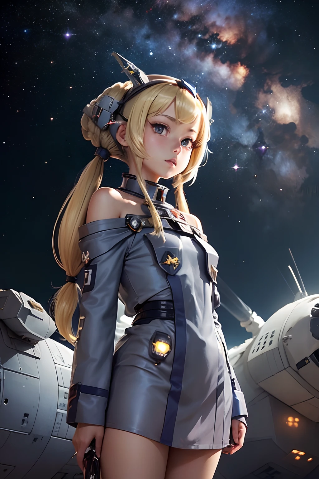 very beautiful young female twin in futuristic jumpsuit with a revolver in each hands in shooting position