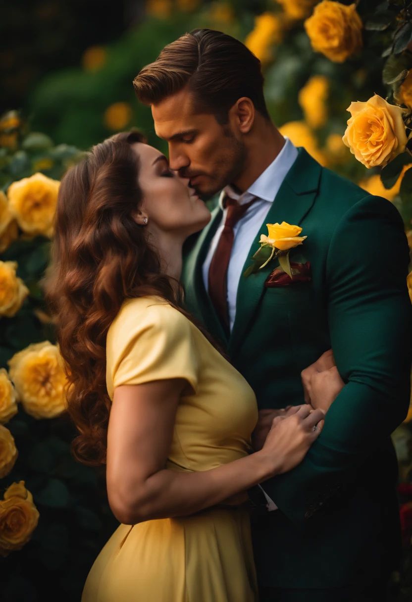 A woman with scarlet waves and bangs is kissing a muscular man with long brown waves and emerald eyes in a yellow rose garden. The man is wearing a business suit while she is wearing a vintage dress