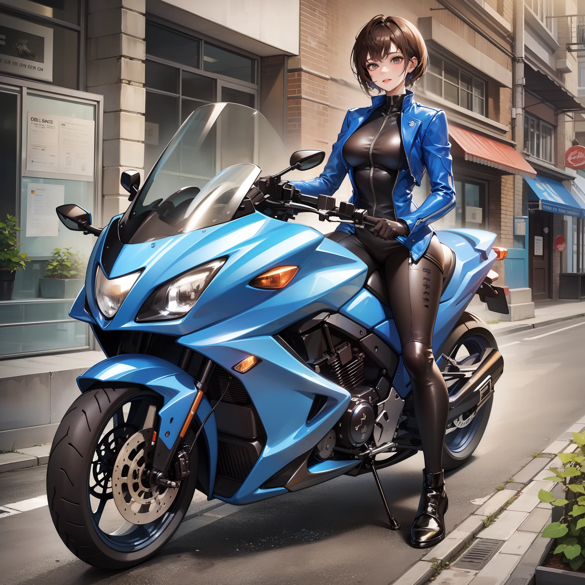 Motorcycle Adult Woman (Blue Rider Suit) Clothed (Short Cuts Brown Hair) Big Tups