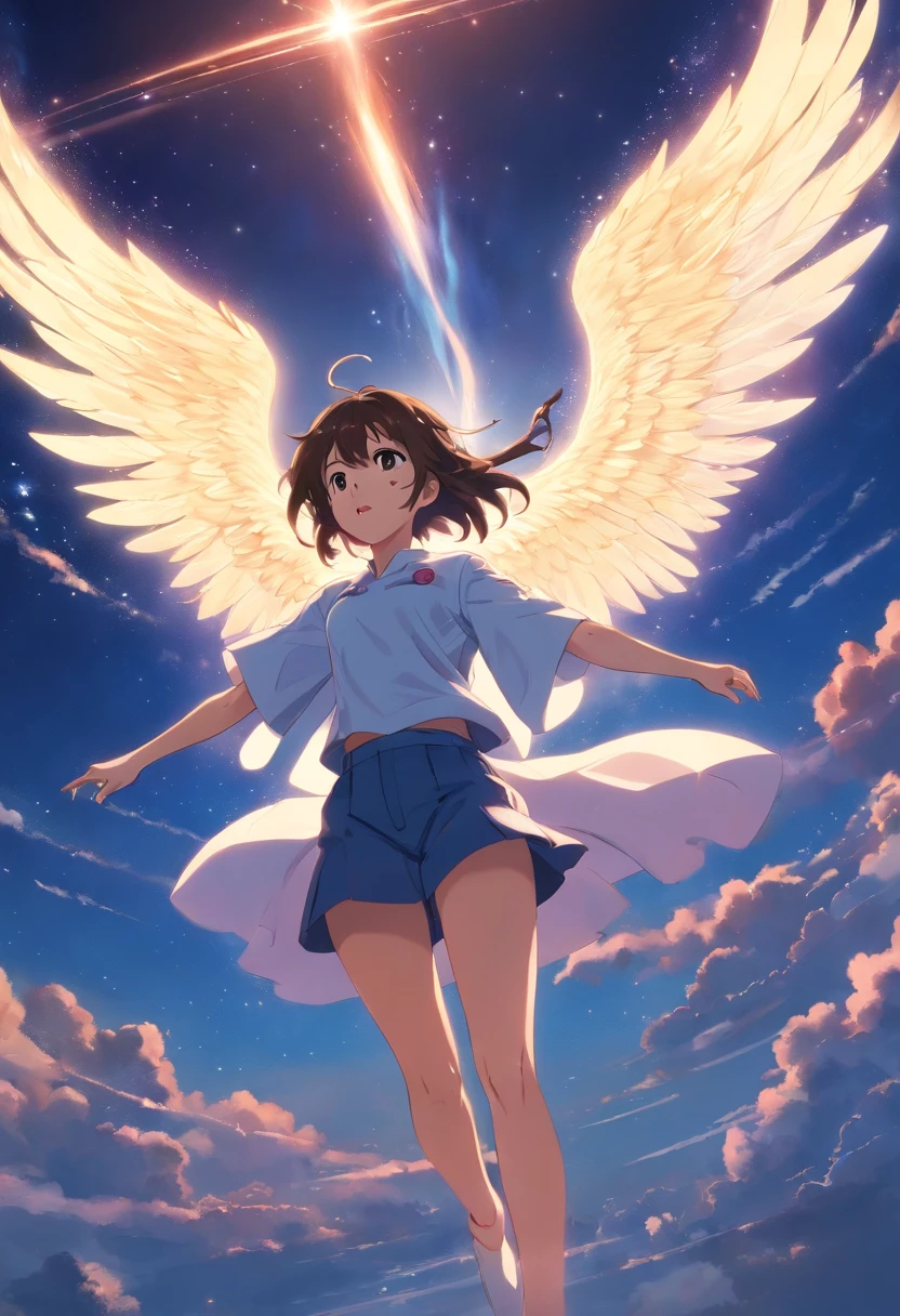Angel cutting the heavens into space seconding a beautiful girl in his arms, different angles，（corpo inteiroesbian：1.4），solid color backdrop，clean backdrop，profundidade de campos，Luz alta，luz real，Traching de raias，Renderizador OC，Renderizador UE5，hyper-realistic，melhor qualidade，8k，Obras de mestres，super-fino，pelos pubianos detalhados，anatomia correta