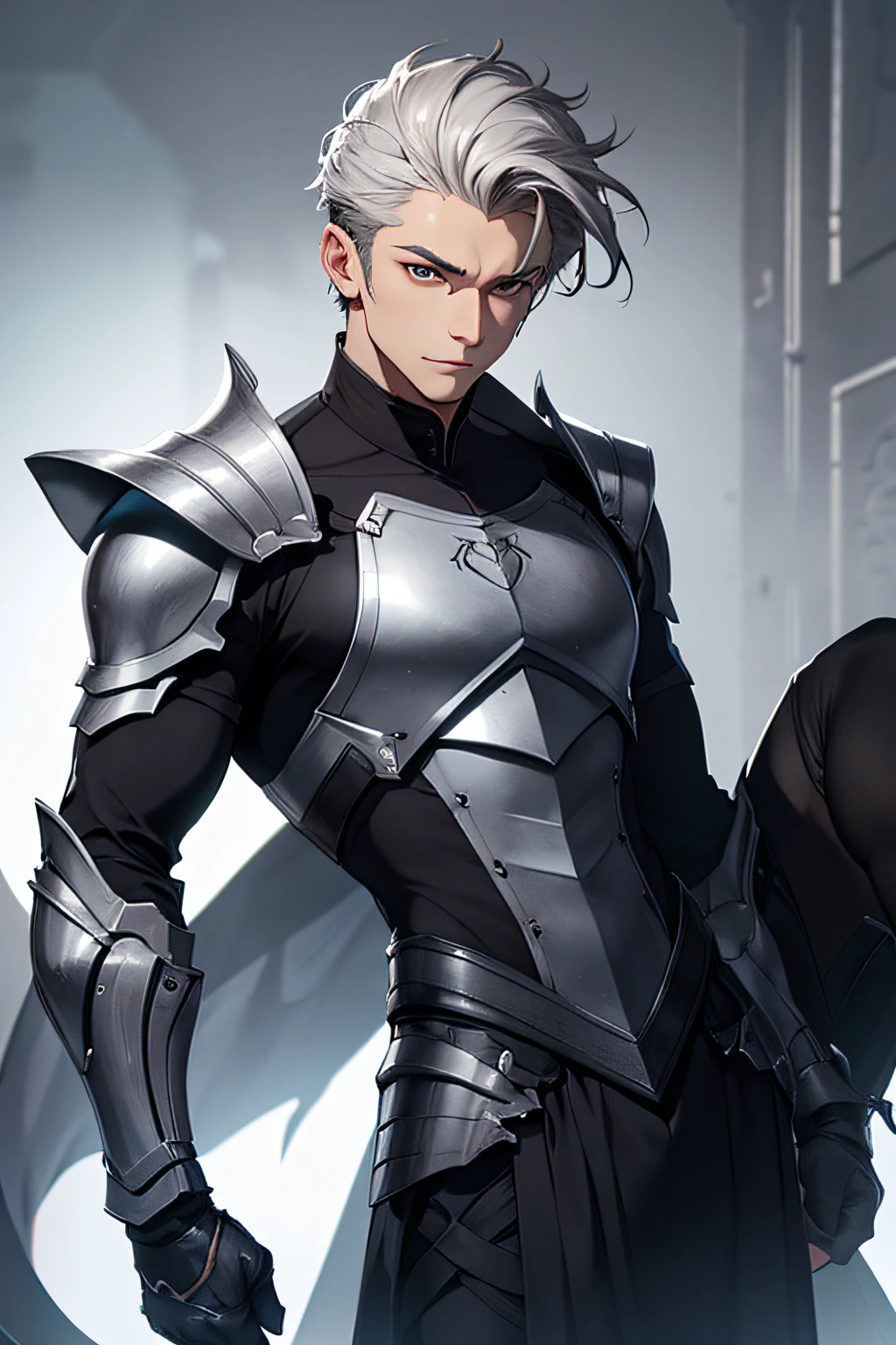 shoun,male people, Realistic face,cheveux gris courts,standing on your feet,Black slimming armor