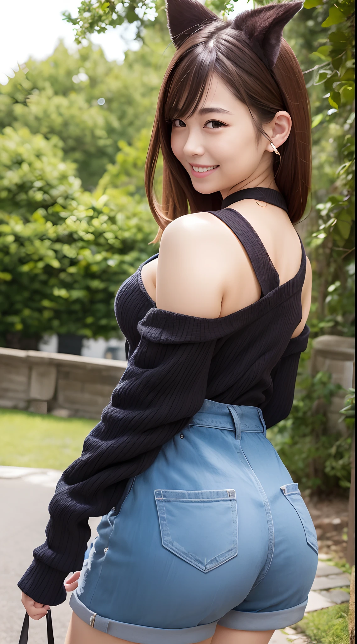masutepiece、Best Quality、ultra-detailliert、high-level image quality、Animal Ear Costume、from the rear、Woman looking back and smiling