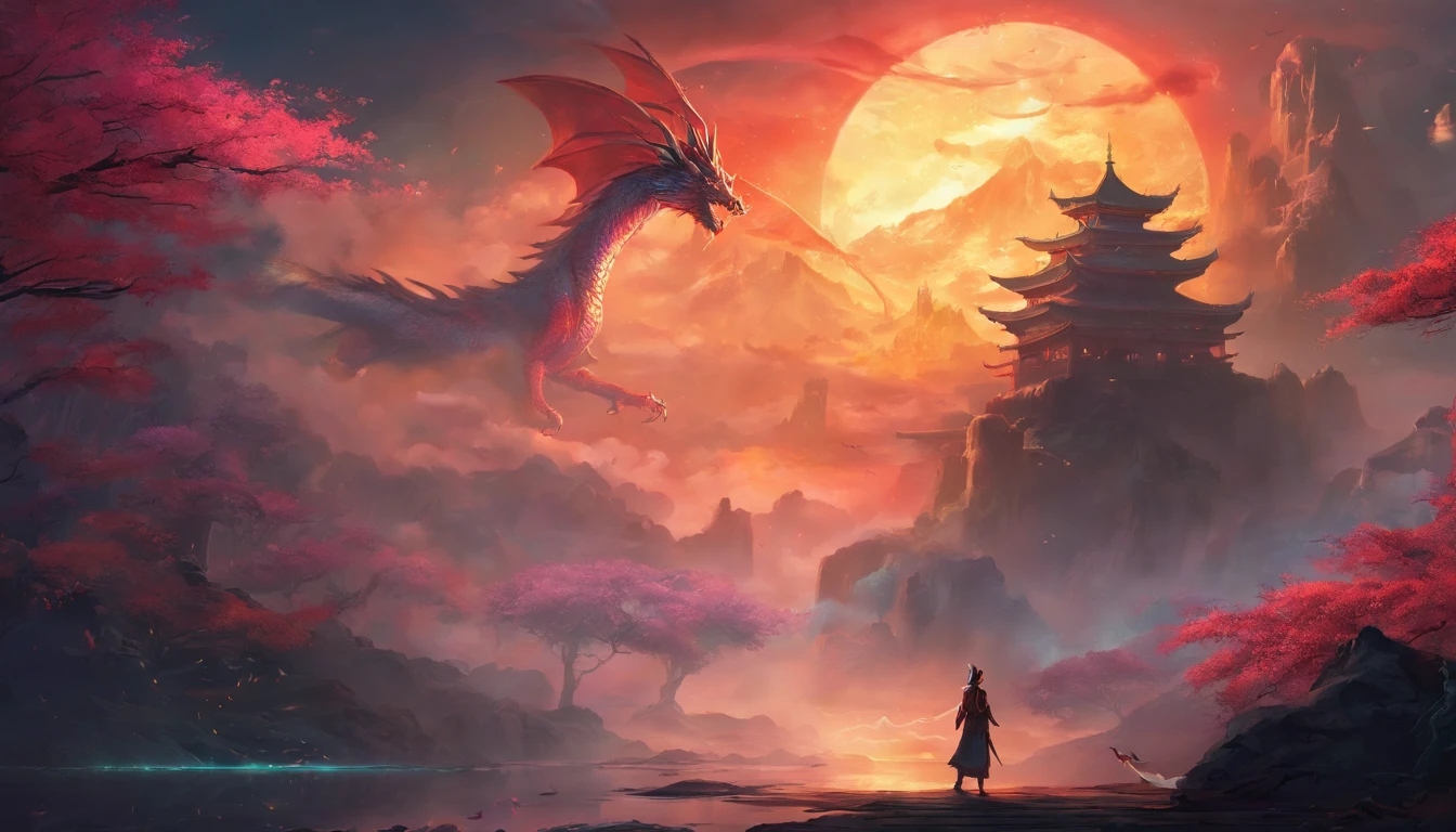 Japanese style, art, dragon, end of the world, foreground hero, epic showdown, high res, ultrasharp, 8K, masterpiece, looking at viewer, dark atmosphere, dark colors.