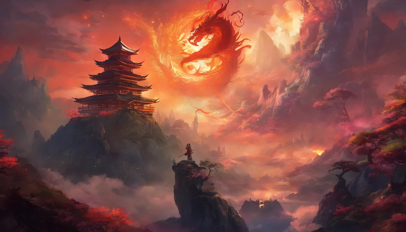 Japanese style, art, dragon, end of the world, foreground hero, epic showdown, high res, ultrasharp, 8K, masterpiece, looking at viewer, dark atmosphere, dark colors.