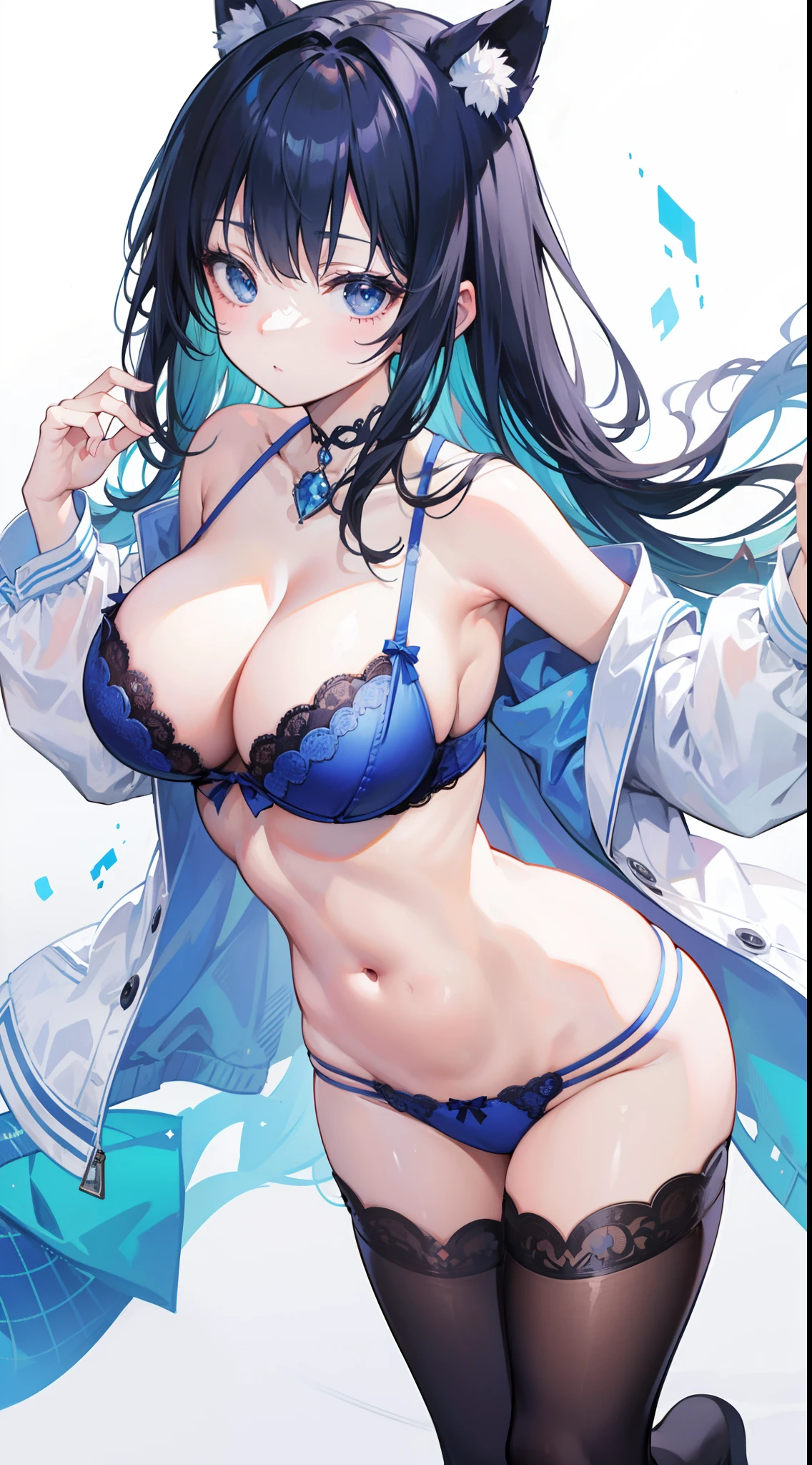 masutepiece、hight resolution、1girl in、in one's underwear only、Blue lingerie、large full breasts、bending forward、Poses that emphasize breasts、Cute anime illustration、