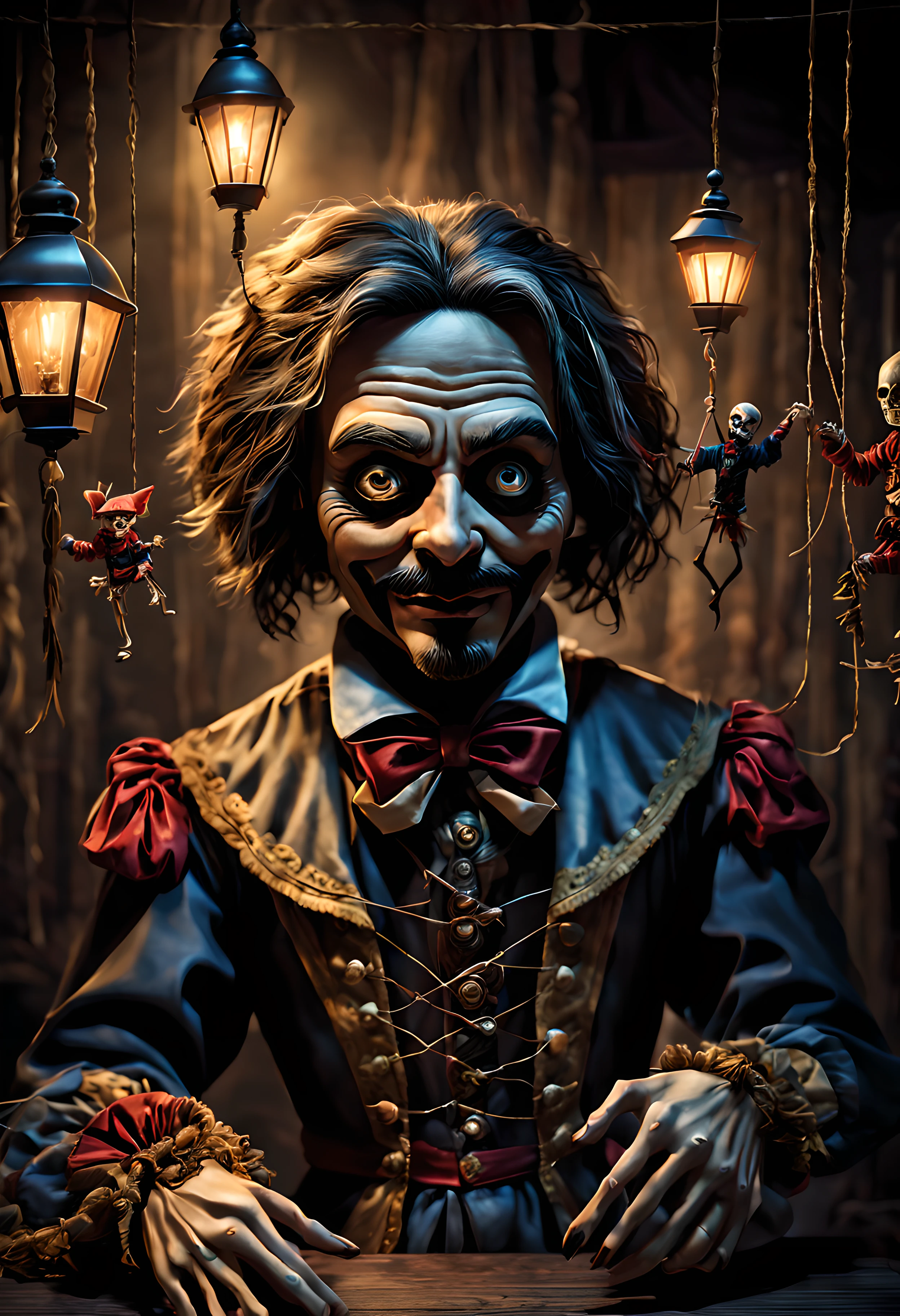 Craft an image of a puppeteer whose marionettes have come to life, their strings controlled by a sinister figure lurking in the shadows, pulling the strings of fate, ultra wide shot, fantasy horror art, photorealistic dark concept art, in style of dark fantasy art, detailed 4k horror artwork, stefan koidl inspired, ((stefan koidl))