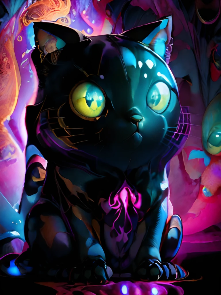 A black cat with big yellow eyes in colorful cosmic space background