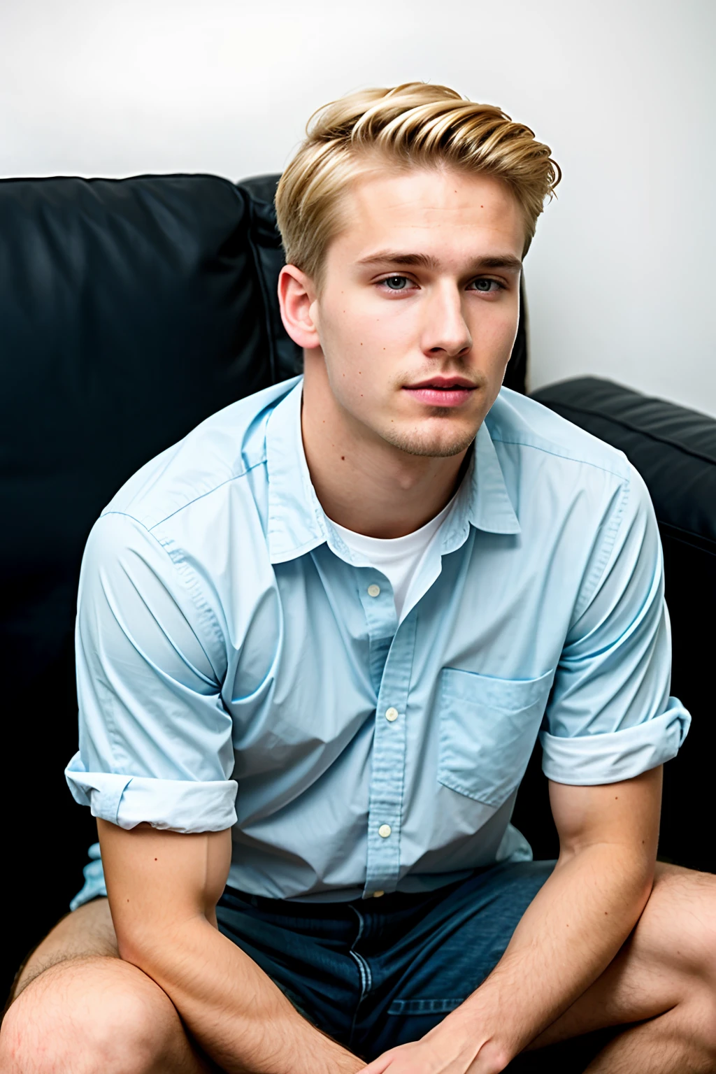 Blond man in plaid shirt and blue eyes sitting on couch eating pizza, long swept back blond hair, blonde and attractive features, blonde man, very pale blonde hair, Clean blonde hair, hair light, Blond British Boy, Blonde guy, Cute young pale, male model, Well-groomed model, blonde man, White and blonde hair, Blonde hair with gel tips, detailized face, square jawline, attractive face, An attractive young man, Sam Harwood 8k