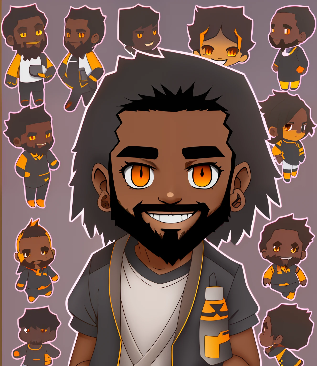 2D ART, BLACK MAN, ORANGE EYES,
BEARD, SMILING, CHIBI STYLE --V4