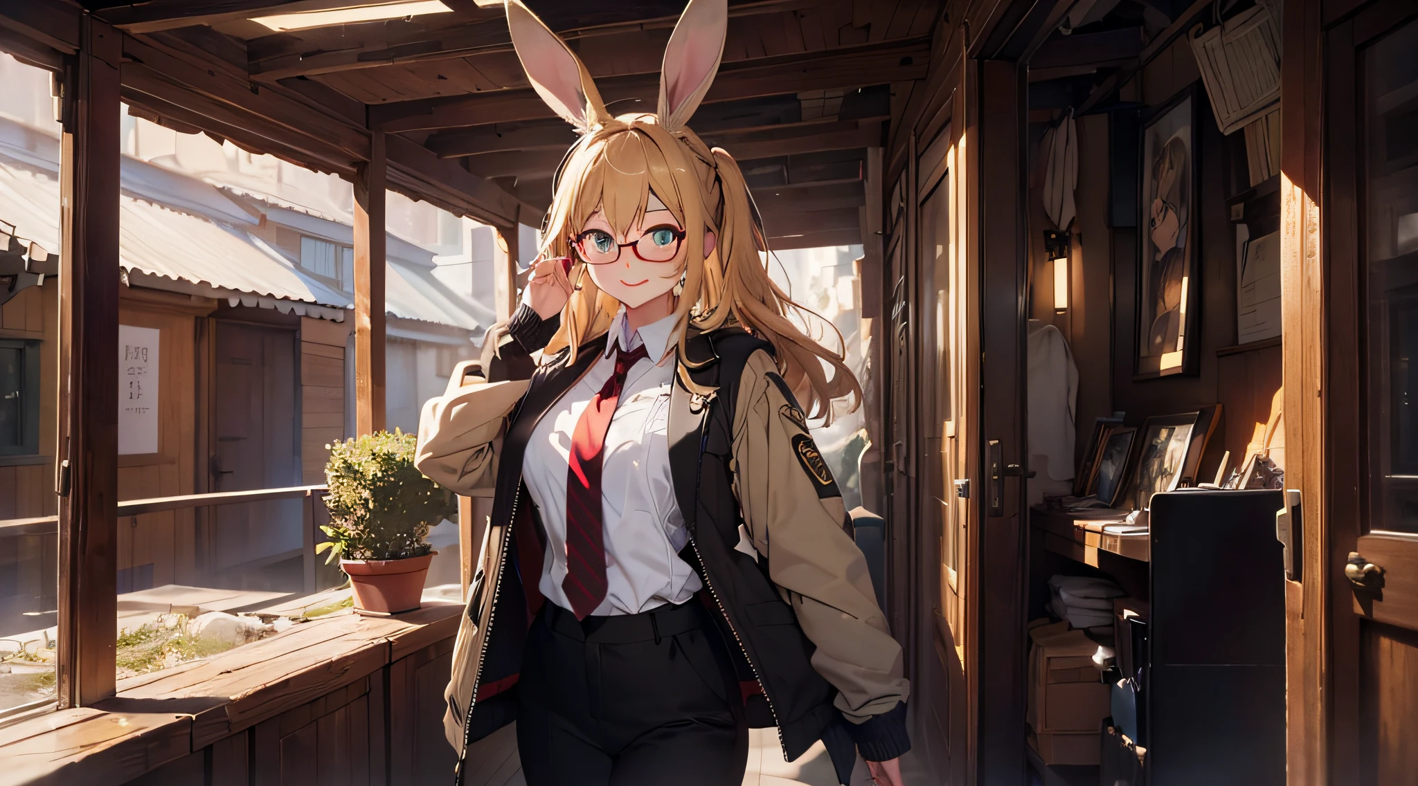 (Masterpiece, Best Quality, Very Detailed CG, Intricate Details: 1.2), 8k Wallpaper, Masterpiece, Best Quality, Award-Limited, High Quality, Super Detail, High Detail, Textured Skin, Cute, UHD, Anatomically Correct, pretty girl, bunny ears, viera, long blonde hair, smiling face, light freckles, tall, green eyes, perfect eyes, shirt and jacket and tie, black pants, eyeglasses, black eyeliner, red lipstick