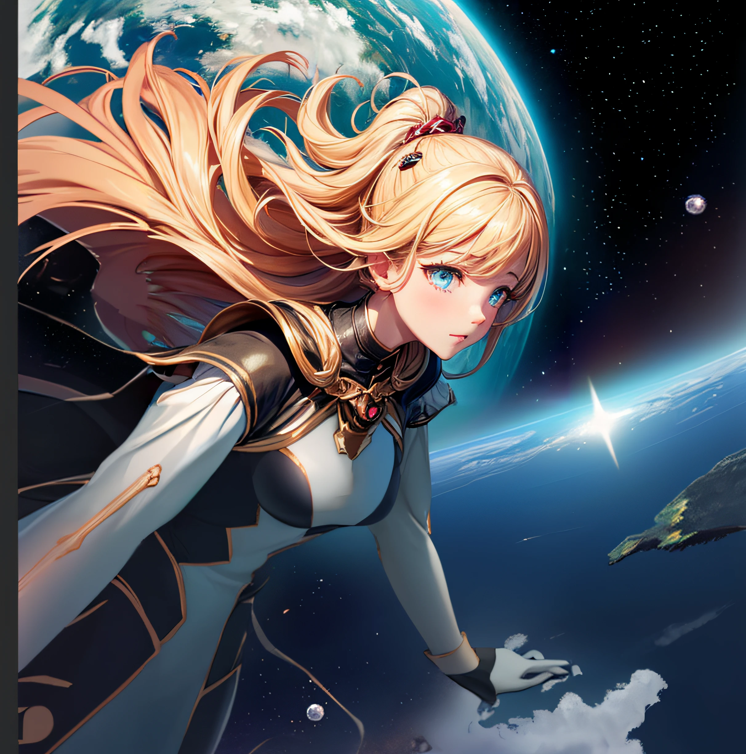 lady flying in outer space, goodness, earth planet, stars, sexy outfit