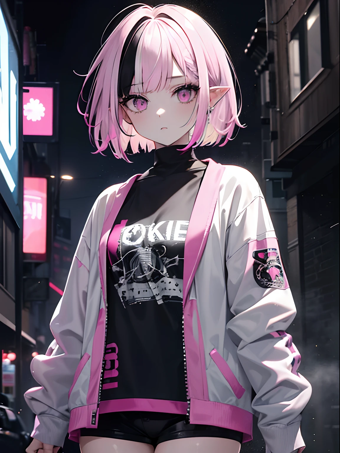 (masterpiece,best quality,ultra-detailed),1girl,messy hairstyle,thick hair,short hair,bob cut, (multicolored hair,pink and black hair, black hair),aesthetic hairstyle,pointy ears,(pale skin),pink outfit, beautiful and detailed face, detailed eyes, jacket, white shirt,pink Cardigan,rock punk fashion,night,fog,looking at viewer,small chest,((grey theme)),((rock punk theme)),street