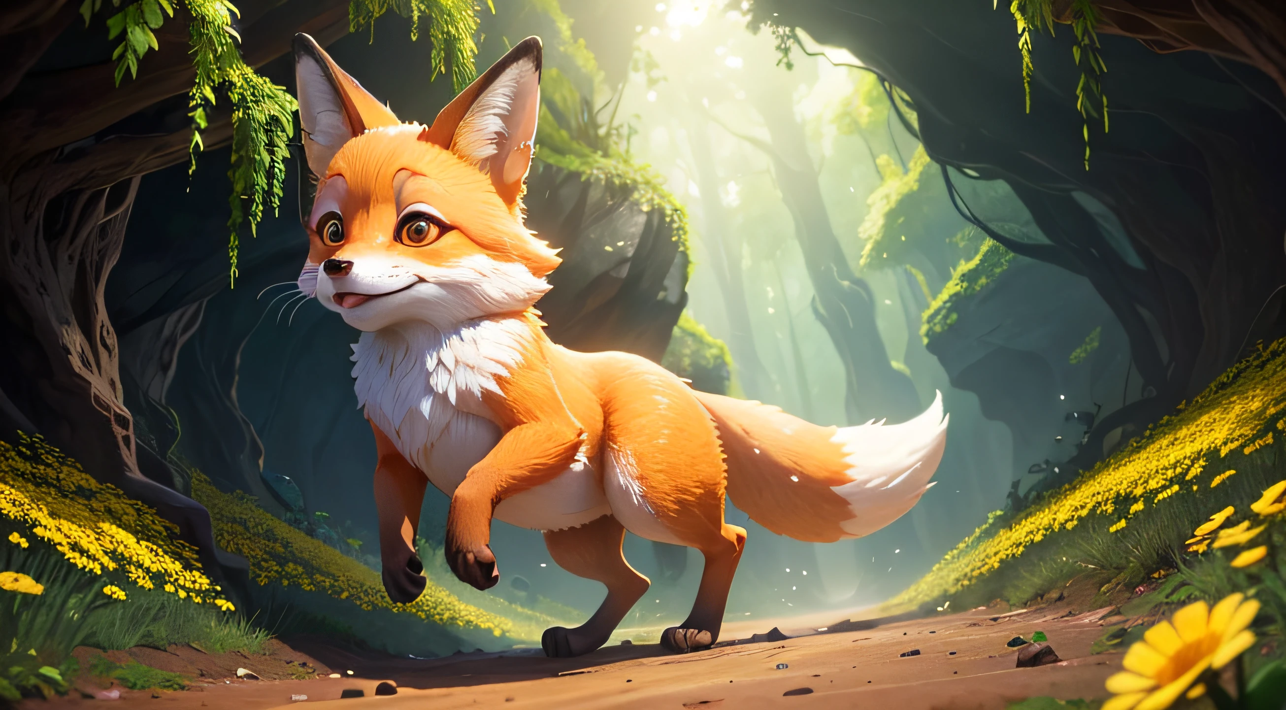 front view of a adorable fox jumping out a cave on Forest, Close-up, back the Lens, Pixar Movie Style, best quality, Cinematic Movie Still, very cute, big eyes, bright eyes, birds and yellow flowers around, yellow flowers outside cave, opening your mouth, happy