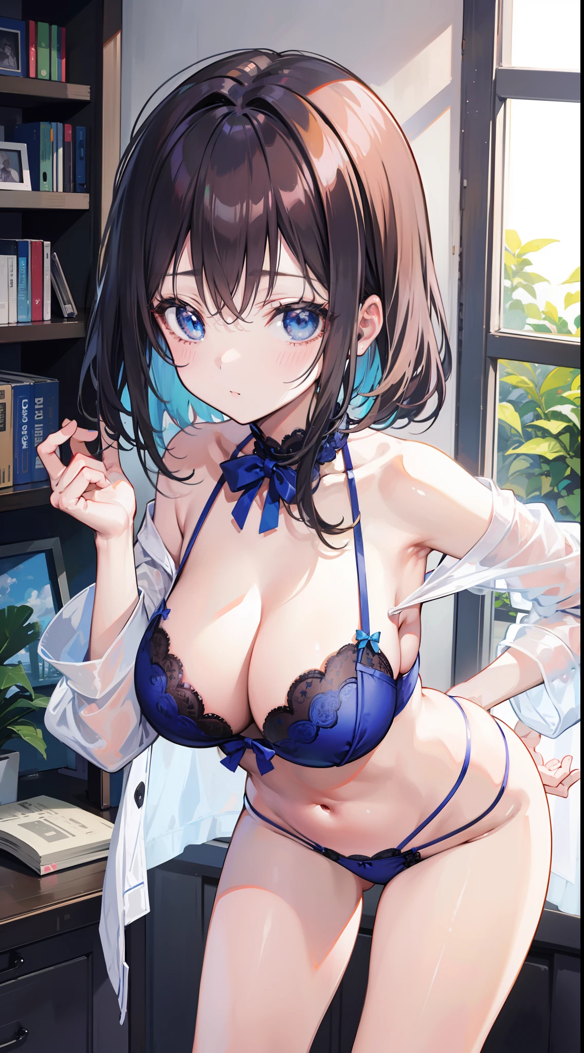 masutepiece、hight resolution、1girl in、in one's underwear only、Blue lingerie、large full breasts、bending forward、Poses that emphasize breasts、Cute anime illustration、