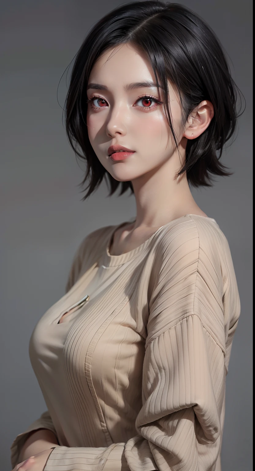 1girl, uchiha sarada in anime boruto, short hair, black hair, red eyes, smile, beautiful, sexy dress, sexy clothes, red clothes, wear red glasses, very big breast, realistic clothes, detail clothes, outdoor background, ultra detail, realistic