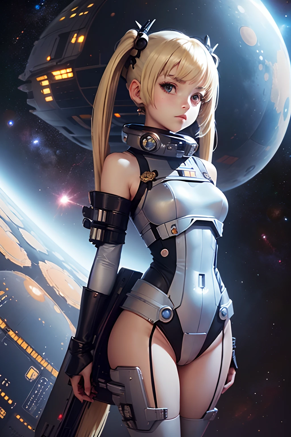 (masutepiece), (Best Quality), (Best Detail), (Distant general perspective),(Off-shoulder silver suit), sexyposture, Very detailed face, sci-fi style,Futuristic landscape, Daytime (Many moons), shading ( A lot of contrast),(((Petite girl with blonde twin tails))),(((Space Battleship))),(((Unknown Planet)))