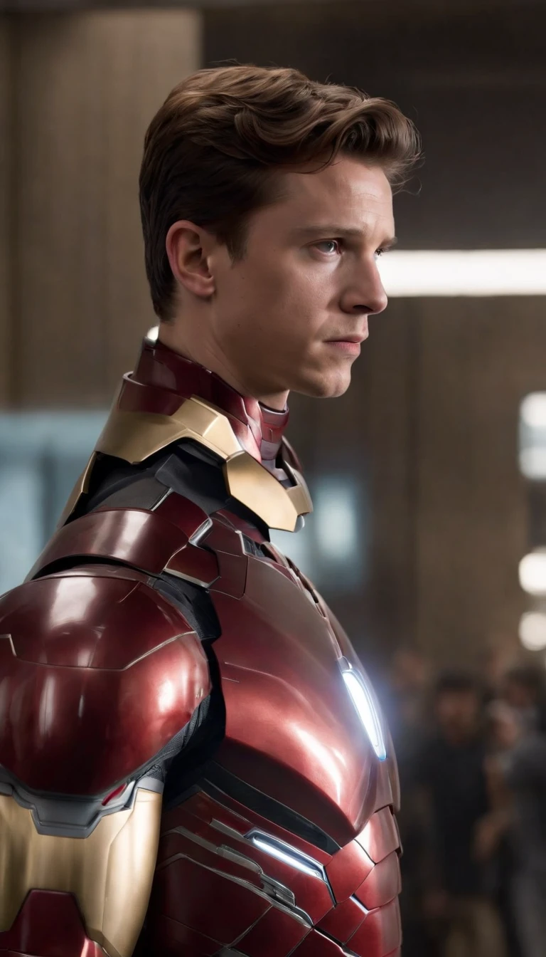 A highly complex and detailed representation of actor Tom Holland wearing an authentic version of the Iron Man suit. The meticulously rendered armor showcases all the distinctive details of Stark technology, with sleek lines, articulated plates and an iconic color palette. Tom Holland wears the armor with a confident and fearless stance, the details of the suit fit perfectly to his body, capturing the dynamic essence of Iron Man. The mask reveals Tom's intense expression, with eyes reflecting the glow of Iron Man's technological HUD. armor. The lighting is designed to highlight the metallic reflections of the armor, creating a convincing appearance of advanced technology. In the background, elements from the Marvel universe, such as futuristic cityscapes or technological holograms, contribute to the epic atmosphere of the image. Every detail , from the armor's microcircuits to the suit's folds, is rendered with the highest fidelity, resulting in a stunning and extremely realistic vision of Tom Holland as Iron Man.