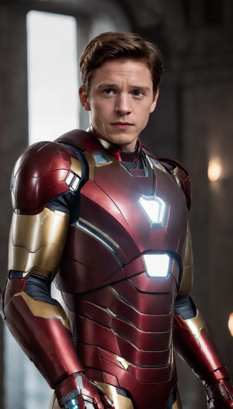 A highly complex and detailed representation of actor Tom Holland wearing an authentic version of the Iron Man suit. The meticulously rendered armor showcases all the distinctive details of Stark technology, with sleek lines, articulated plates and an iconic color palette. Tom Holland wears the armor with a confident and fearless stance, the details of the suit fit perfectly to his body, capturing the dynamic essence of Iron Man. The mask reveals Tom's intense expression, with eyes reflecting the glow of Iron Man's technological HUD. armor. The lighting is designed to highlight the metallic reflections of the armor, creating a convincing appearance of advanced technology. In the background, elements from the Marvel universe, such as futuristic cityscapes or technological holograms, contribute to the epic atmosphere of the image. Every detail , from the armor's microcircuits to the suit's folds, is rendered with the highest fidelity, resulting in a stunning and extremely realistic vision of Tom Holland as Iron Man.