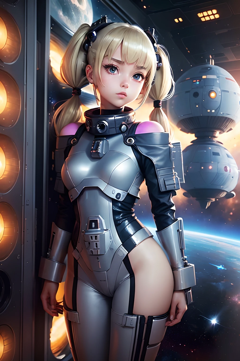 (masutepiece), (Best Quality), (Best Detail), (Distant general perspective),(Off-shoulder silver suit), sexyposture, Very detailed face, sci-fi style,Futuristic landscape, Daytime (Many moons), shading ( A lot of contrast),(((Petite girl with blonde twin tails))),(((Space Battleship))),(((Unknown Planet)))