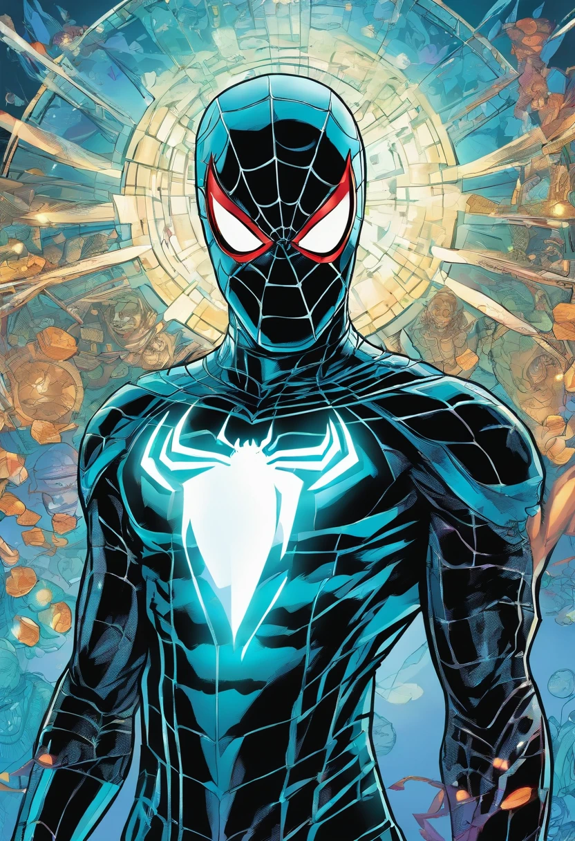 Spiderman, in a black teal and blue armored wedding dress with blue glowing gems, masterpiece, best quality