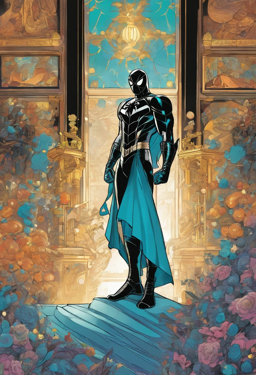 Spiderman, in a black teal and blue armored wedding dress with blue glowing gems, masterpiece, best quality