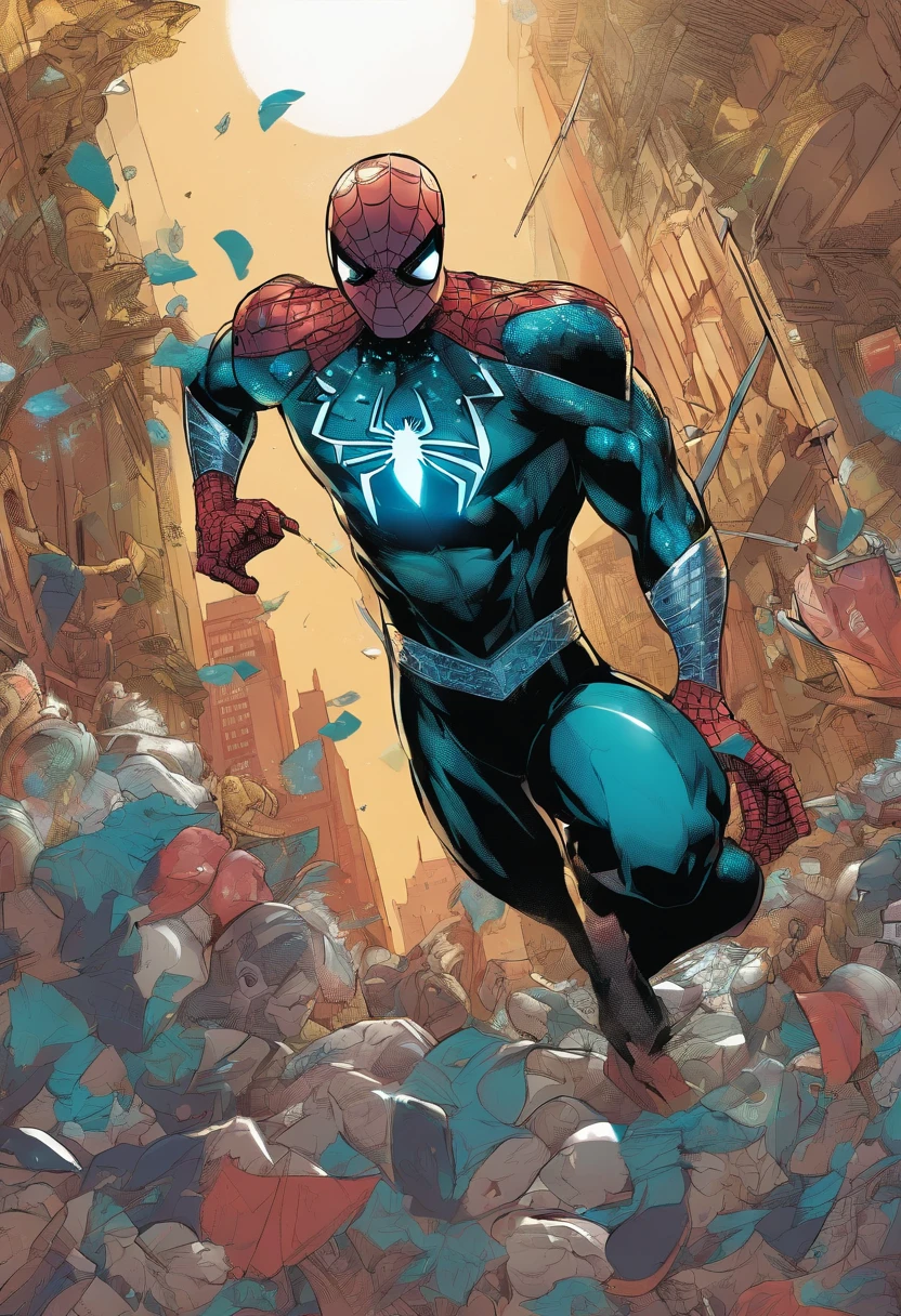 Spiderman, in a black teal and blue armored wedding dress with blue glowing gems, masterpiece, best quality