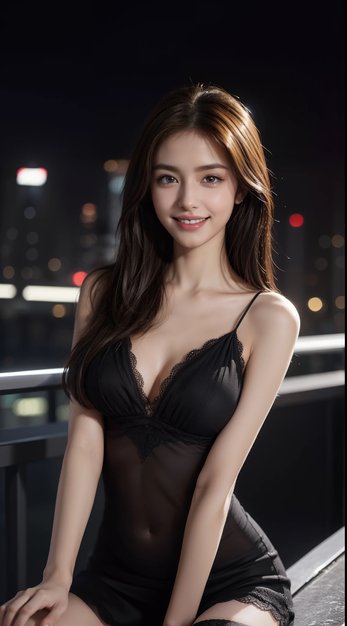 8k, masterpiece, RAW photo, best quality, photorealistic, extremely detailed CG unity 8k wallpaper, Depth of field, Cinematic Light, Lens Flare, Ray tracing, (extremely beautiful face, beautiful lips, beautiful eyes), intricate detail face, ((ultra detailed skin)) 1girl, in the dark, deep shadow, pretty girl, (very slim slender fit-muscled body:1.3), ((looking at viewer)),(big smile:1.3), clear eyes, front shot, (pale skin), (big eyes), face forward, (upper body shot), (brown hairs), open navel, (looking at viewer:1.3), very slim, medium breasts, thick thighs, laced stockings, cityscape, rooftop , dim lights, blurry background, (night), golden dress, Veranda, sparkling dress