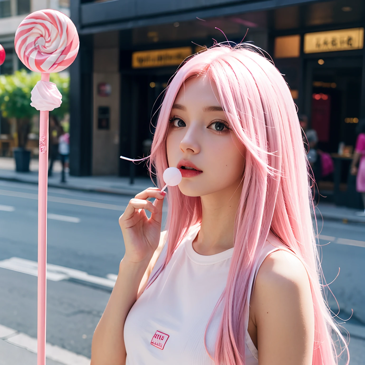 White girl with long pink hair holding a lollipop