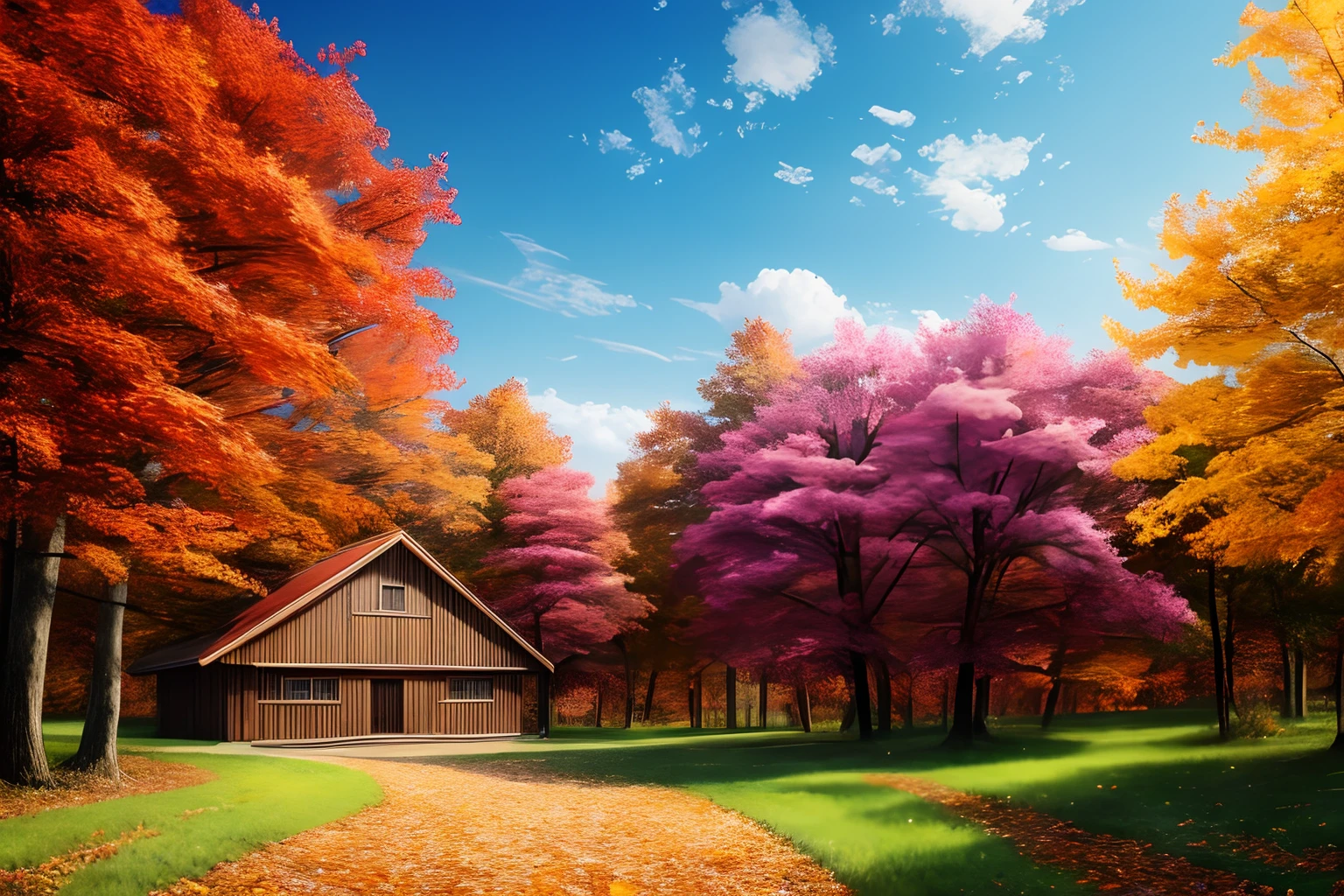 tmasterpiece，Best quality at best，high qulity，the Extremely Detailed CG Unity 8K Wallpapers，autumnal，A forest full of maple trees，（There is a wooden house in the distance），Maple leaves are red、Orange、Yellow、Green，with blue sky and white clouds，In the daytime，award winning photography，Bokeh，depth of fields，hdr，blooms，color difference，真实感，The is very detailed，Trends on ArtStation，Trends on CGSociety，iintricate，high detal，dramatics，Midjourney Art